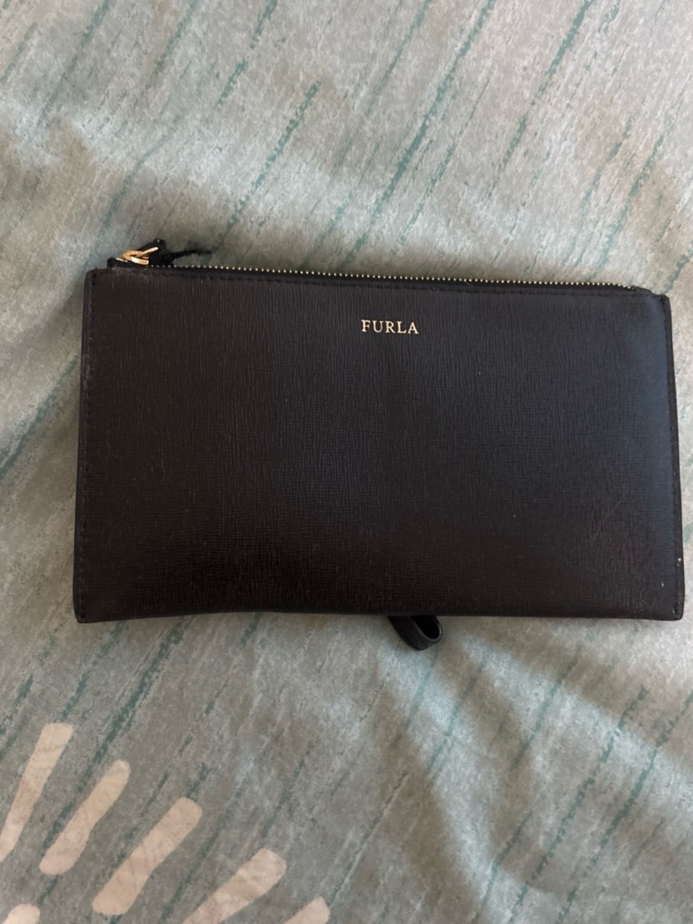 Furla Black Saffiano Leather Zip Wallet with Gold Logo